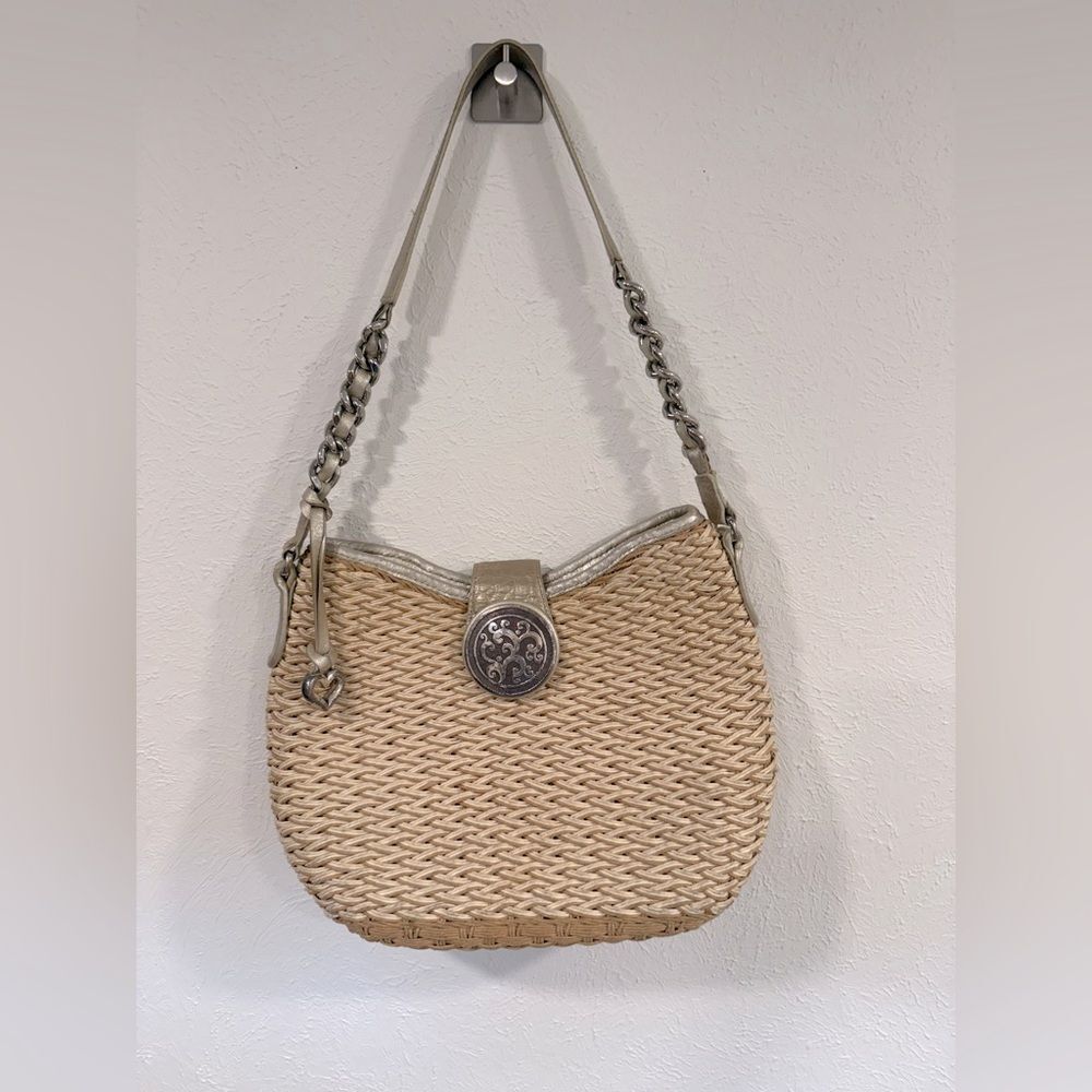 Brighton Jani Straw Chain Shoulder Bag Gold Silver Leather Strap
